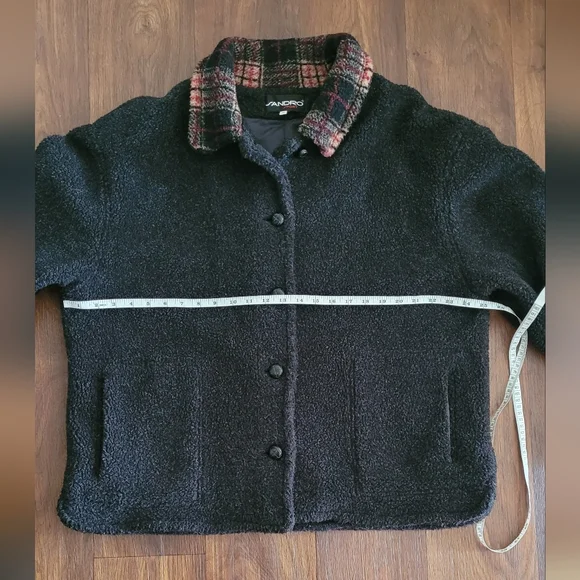 Vtg Sandro Oversized Button Down Teddy Jacket Women's XL, Black, Plaid Collar